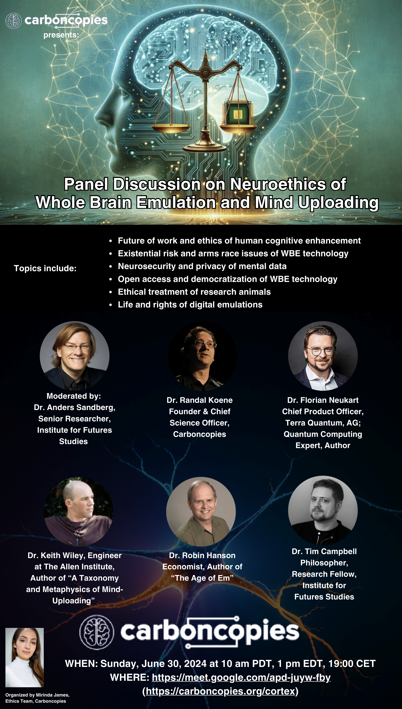 Flier for Neuroethics of Whole Brain Emulation Panel Discussion